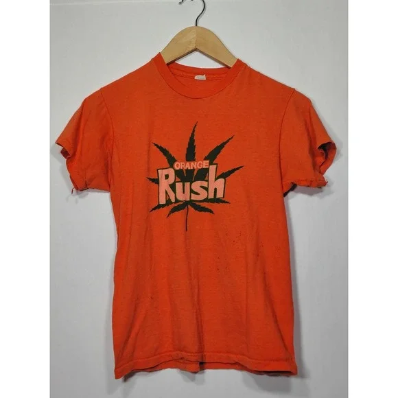 Vintage Orange Rush Marijuana Leaf Graphic T-Shirt Single Stitch Made in USA M